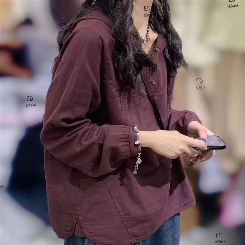 

Solid Color Double Yarn Cotton Knit Hoodie: Women s Slim-Fit Long Sleeve T-shirt for Spring and Autumn One Size