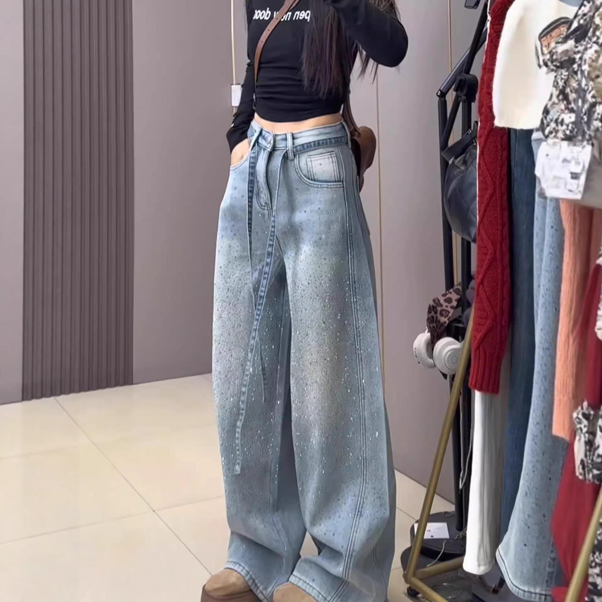 

Women s High-Waist Light Blue Rhinestone Wide-Leg Jeans for Spring/Autumn 2026 M