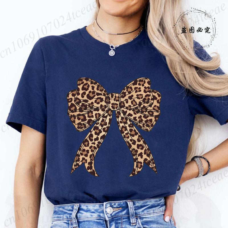 Coquette Bow Leopard Pattern Print TShirts Casual Summer Womens Short Sleeve TShirt Women Clothing Vintage Clothes Y2k Top