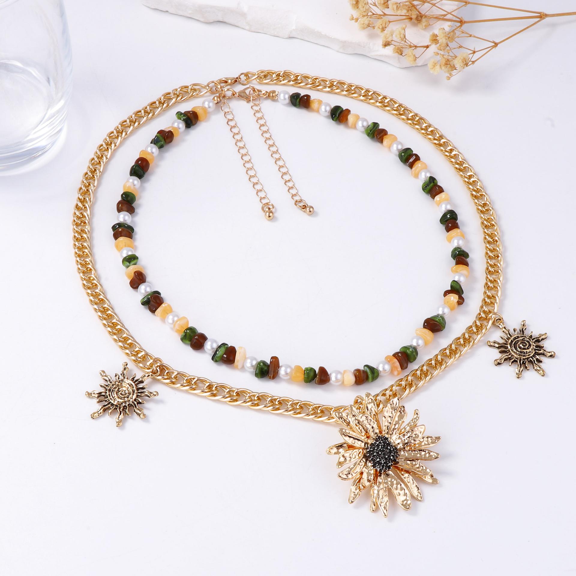 

Тенденция личности Ретро сплав Подвеска подсолнух Двухслойное ожерелье Повседневное Цветное бисерное Женские аксессуары