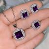 Elegant CZ Gemstone Pendant Necklace Set With Earrings Ring Women Blue Red Yellow Green Purple White Zircon Jewelry