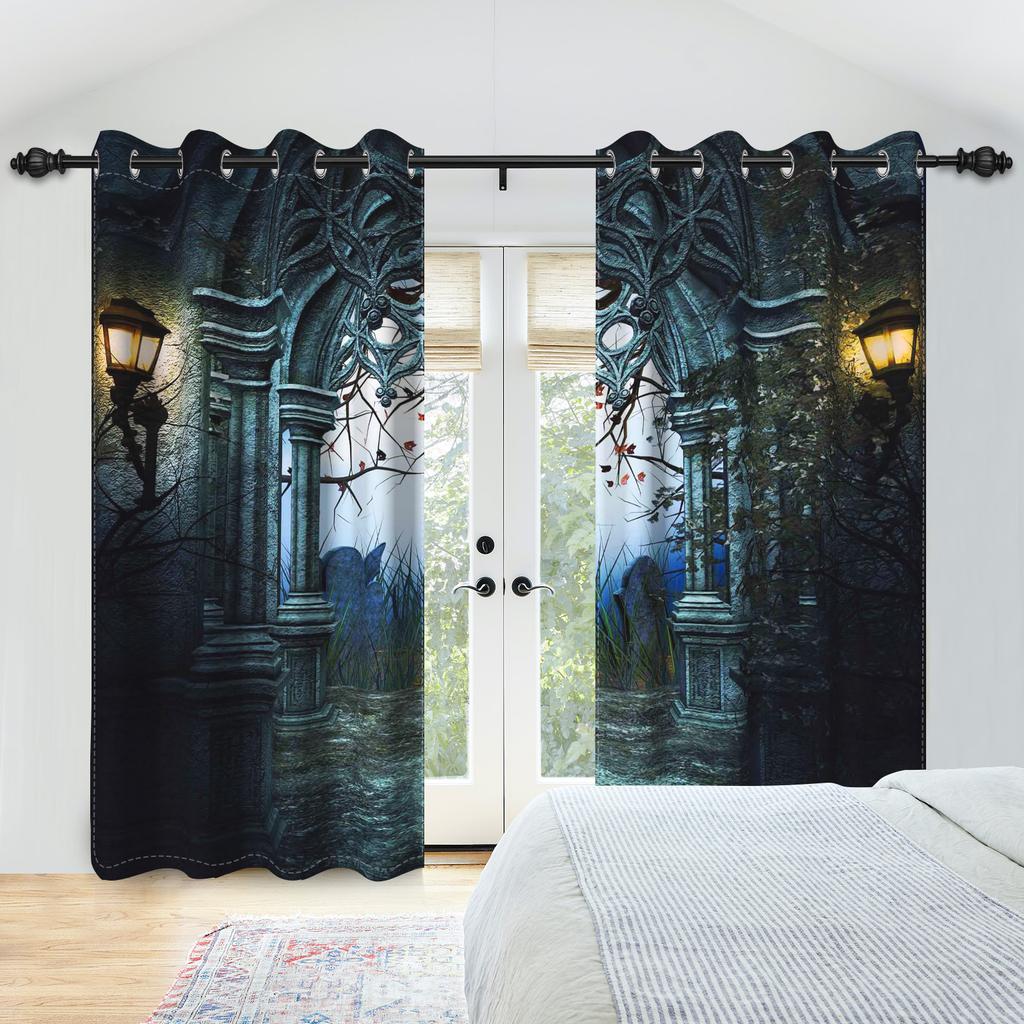 2pcs/set Horror Halloween Window Curtain Night Gate Skeleton Home Bedroom Living Room Decor Blackout Polyester Fabric Curtains