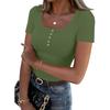 Dámské tričko s úzkým spodním dílem, módní ležérní, jednobarevný, s knoflíky, čtvercovým výstřihem, svetr s krátkým rukávem