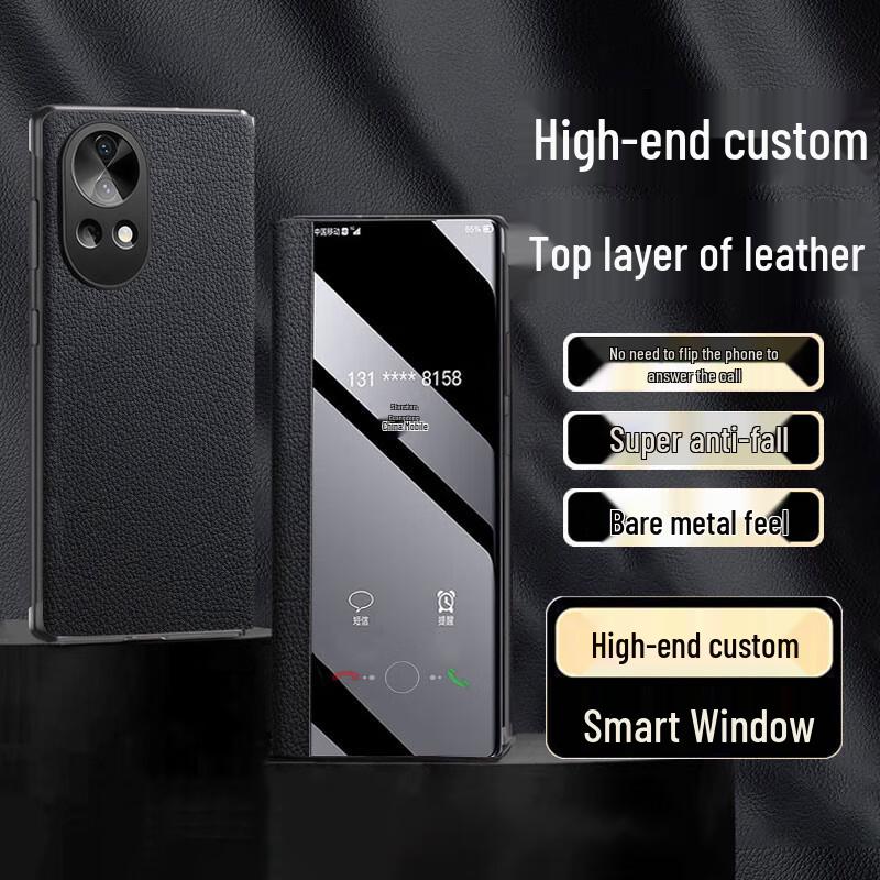 EDDGA Top Grain Leather Smart View Flip Phone Case for Huawei