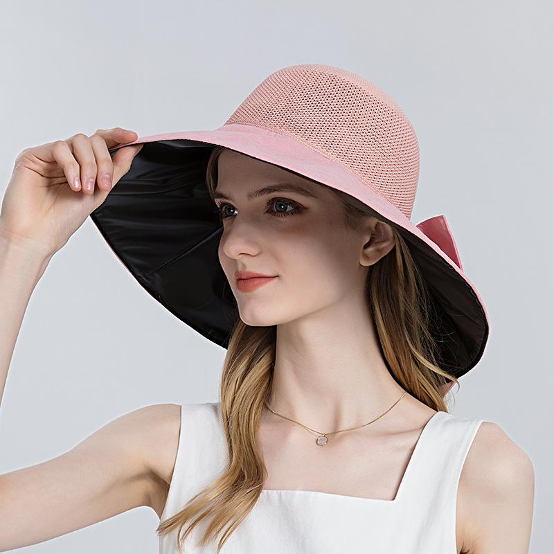 Fashion Bowknot Sun Hats For Women Summer UV Protection Bucket Hat Outdoor Female Hollow Out Straw Beach Caps Panama Hat