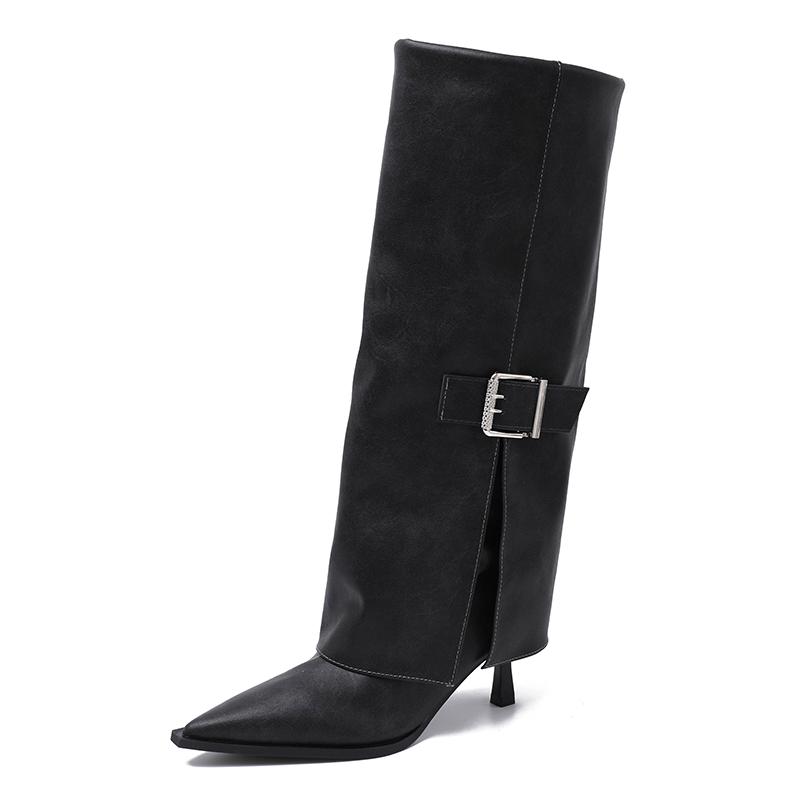 Fashion High Boots Seek The Limit. Look At Pointed Toe Sleeve Metal Buckle Non-slip and Wear-resistant Thin Heel Boots