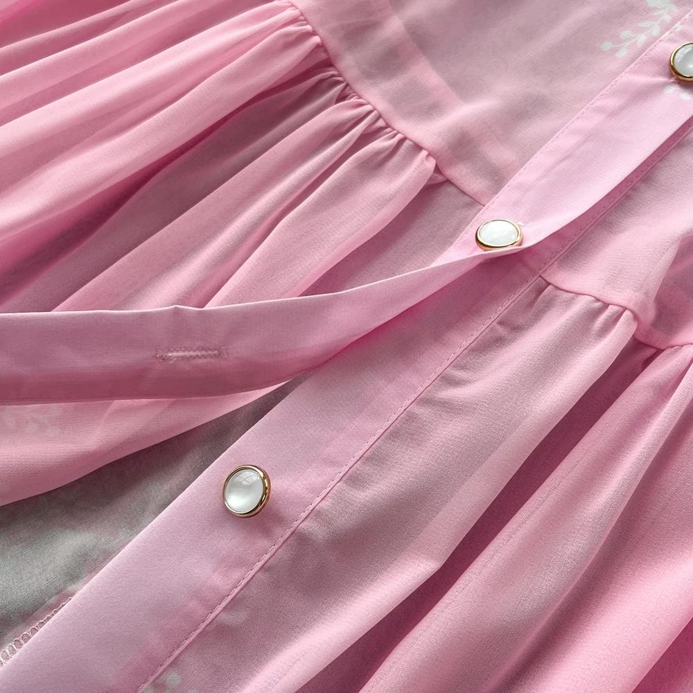 French Vintage Summer Autumn Stand Collar Long Lantern Sleeve Print Long Maxi Dress for Women