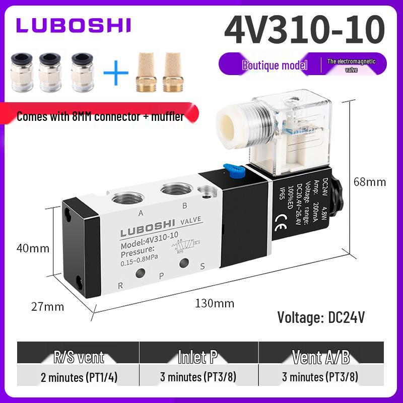 220V Pneumatický solenoidový ventil 4V410-15: 8mm Konektor, 2-polohový 5cestný řídicí ventil pro válec, 24V Směrový pneumatický ventil.
