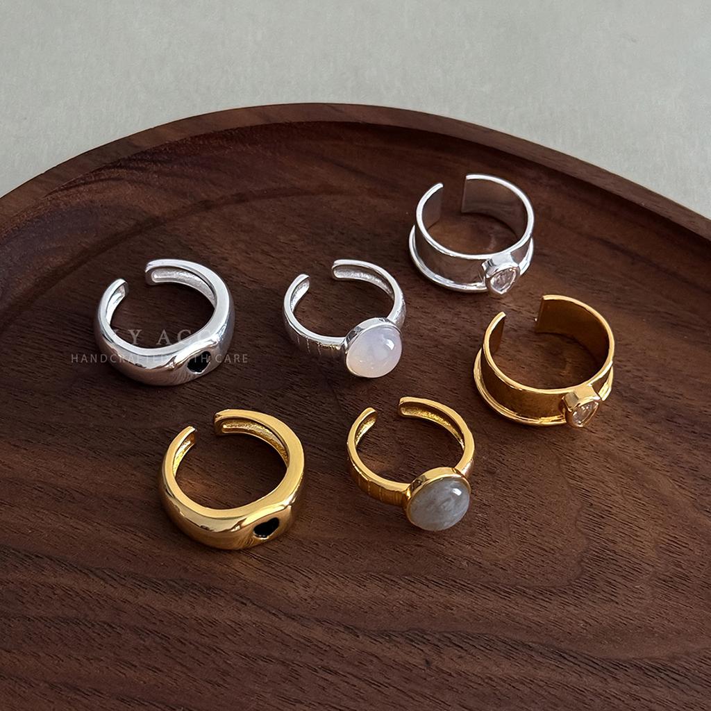 Ins Minimalist Style Combination Ring Plain Ring Jade Love Diamond Gold and Silver Versatile Commuter Stacked Open Ring