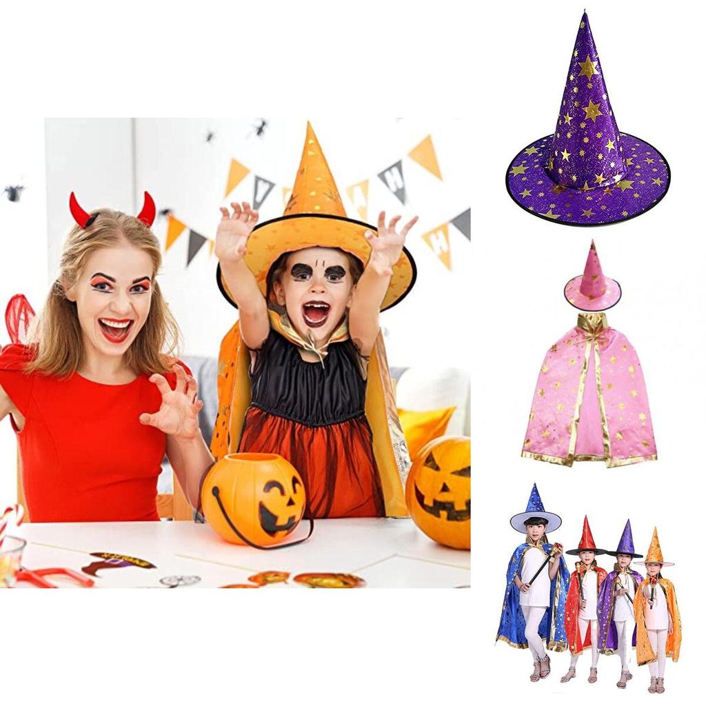 Halloween Wizard Cape Witch Cloak Kids Costume With Star Pattern And Hat For Cosplay Party