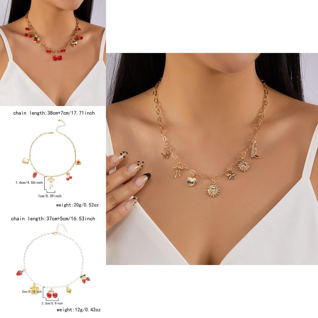 Bracelet Chaîne Pendentif Cœur d'Amour Cerise Avec Chaîne de Perles Pour Femmes Style Été