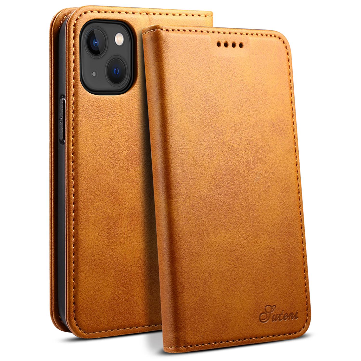 

SUTENI for iPhone 15 Plus Wallet Case Calf Texture PU Leather Phone Stand Khaki