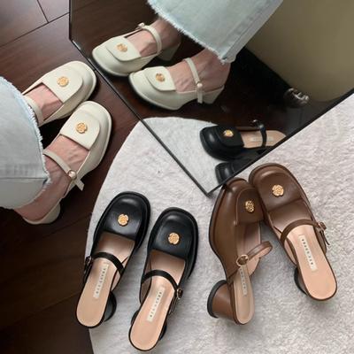 2025 Spring Summer Thick Heel Women Mules Slippers Shoes Fashion Cover Toe Slip On Shoes Ladies Casual Street Style Sandalias