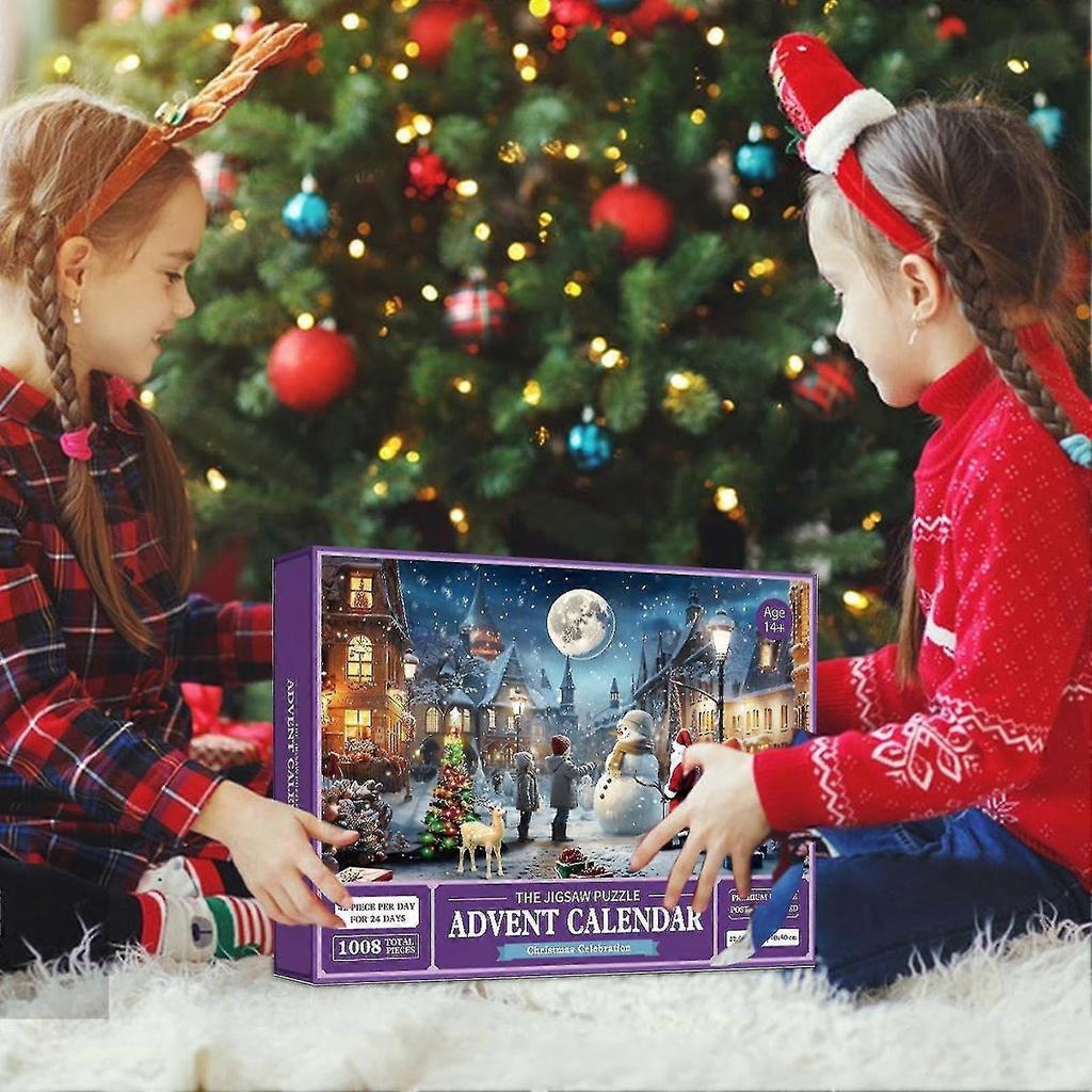 Calendario de Adviento 2023 Rompecabezas-Papá Noel Prepara Regalos Rompecabezas de Vacaciones Familiares Navideñas 1008 Piezas Rompecabezas, 24 Cajas Rompecabezas Para Cuenta Atrás T