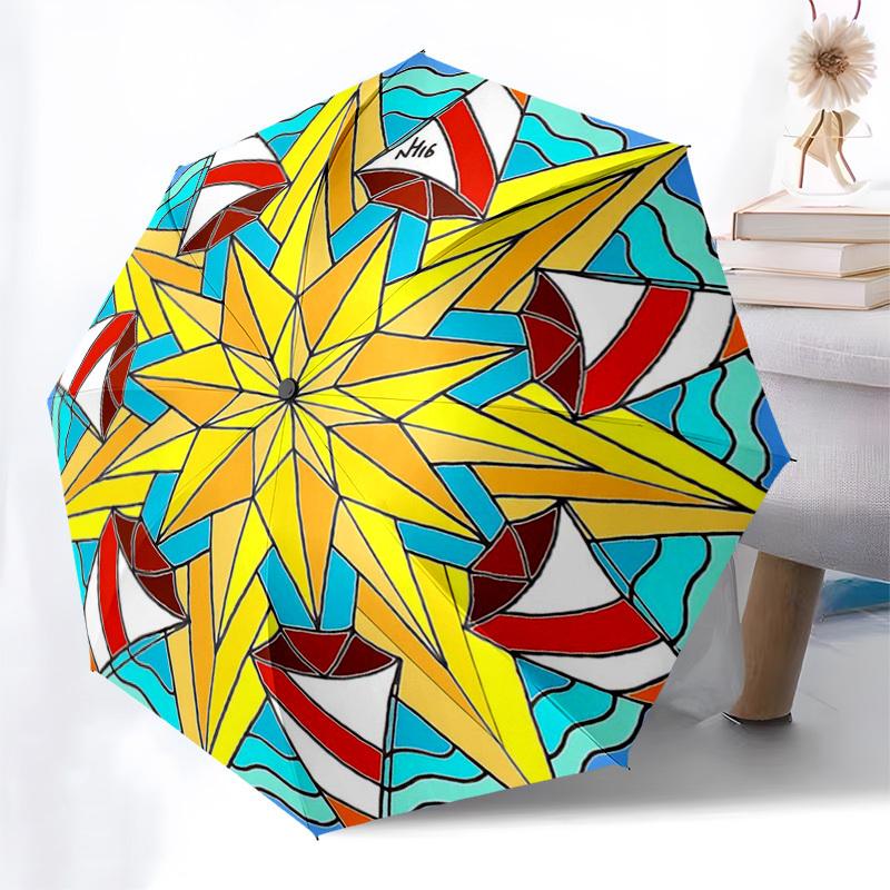 

1pc Stained Glass Star Auto-Folding Umbrella: Portable 3-Fold Design with 8-Bone Iron Frame - Perfect for Outdoor Festivals, Travel, Daily Use, and Gi