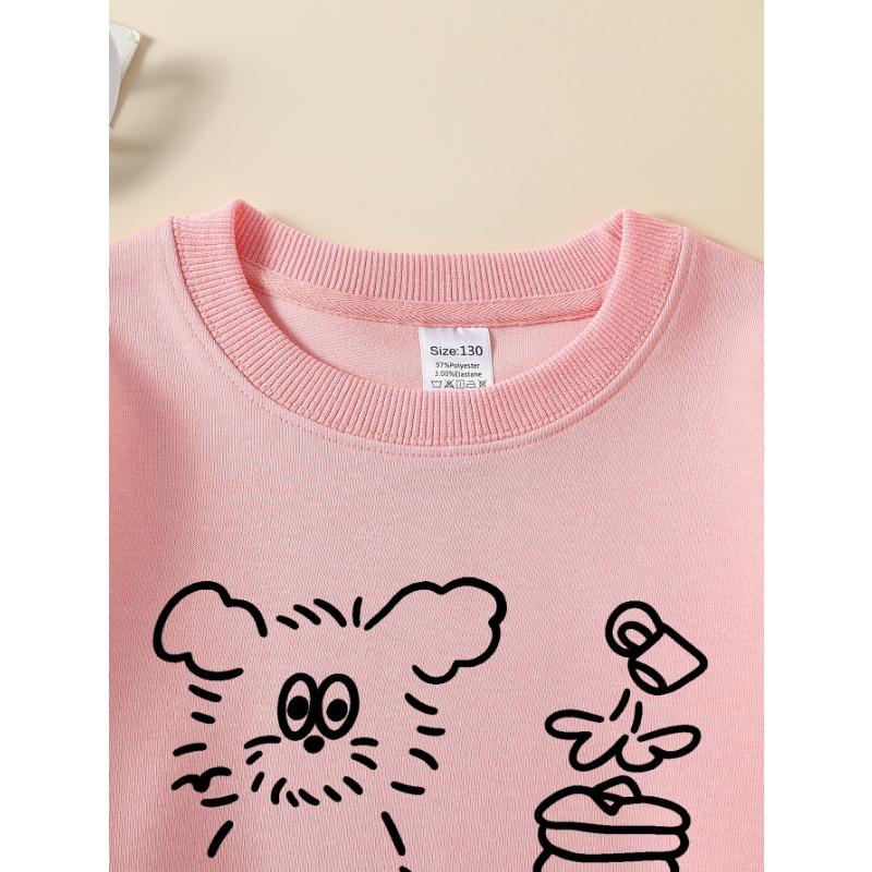 European Sizes Girls' Crew Neck Sweatshirt Cute Rabbit Pancakes And Book Print, Soft Cozy Pullover, Warm Casual for Autumn & Winter.