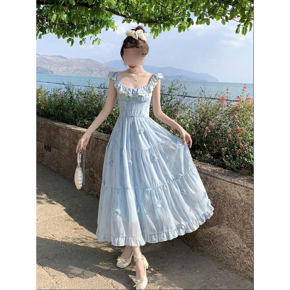 Women's summer sweet and thin skirt blue long casual girlish print Xiaofei sleeve suspender dress
