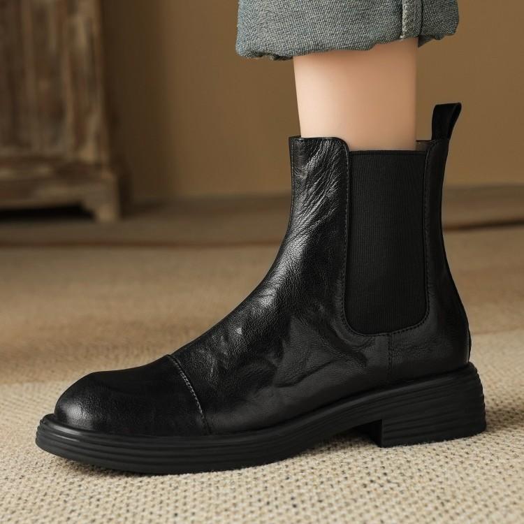 British Style Retro Sheepskin Short Boots Women's Autumn and Winter New Versatile Soft Leather Thick Middle Heel Chelsea Boots Martin Boots Black