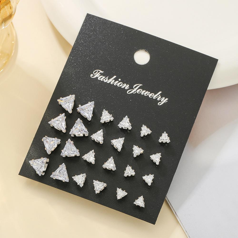 European and American popular love geometric stud earrings set trendy temperament zircon claw triangular earrings