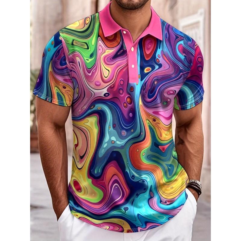 Printed Striped Flower Men's Lapel T-shirt Gradient Leopard Print T-shirt Summer Loose Fit