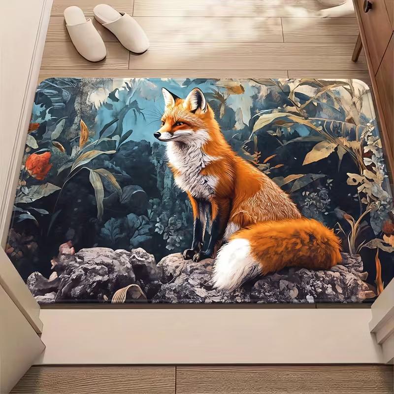 1pz Tappetino Elegante con Volpe Antiscivolo, Tappeto in Poliestere con Vivace Design a Volpe Rossa e Bianca, per Ingresso, Tappetino Decorativo per Pavimento del Bagno