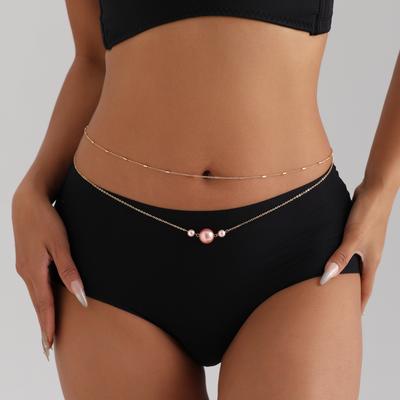 Accesorios Cadena de Metal Fina para Mujer Cadena de Doble Cuerpo Simple Casual Cadena de Cintura de Perla de Imitación Rosa