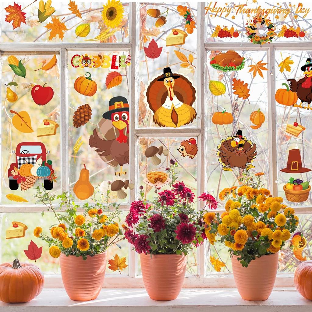 Thanksgiving Fall Window Clings Decorations, 10 Sheets Thanksgiving Window Stickers for Kids Home Office Classroom Party Glass Windows Double Sided
