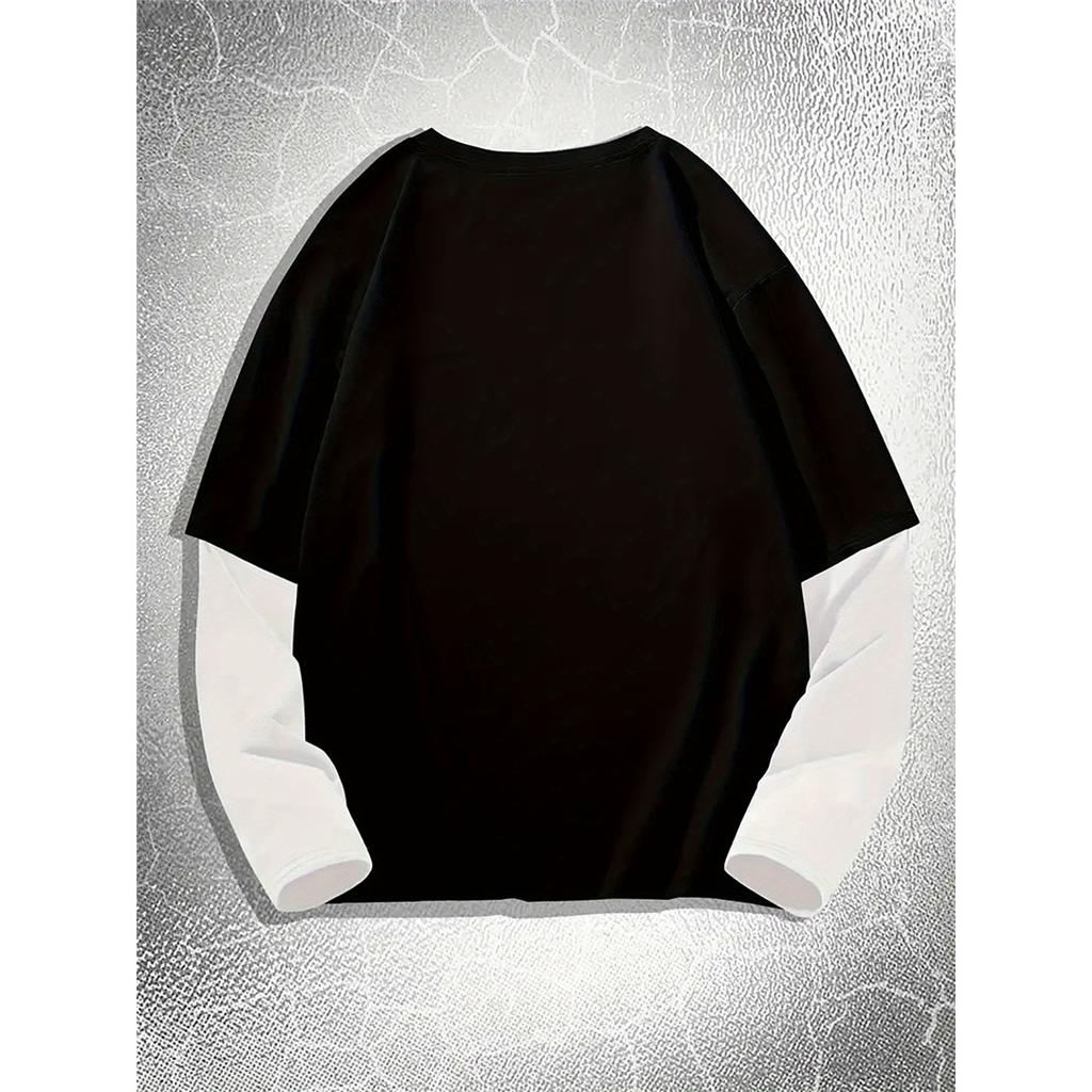 J1417 Yin-Yang Fish Print 2-in-1 Look Long Sleeve T-Shirt Men's High Street Comfort Streetwear Fashion Top