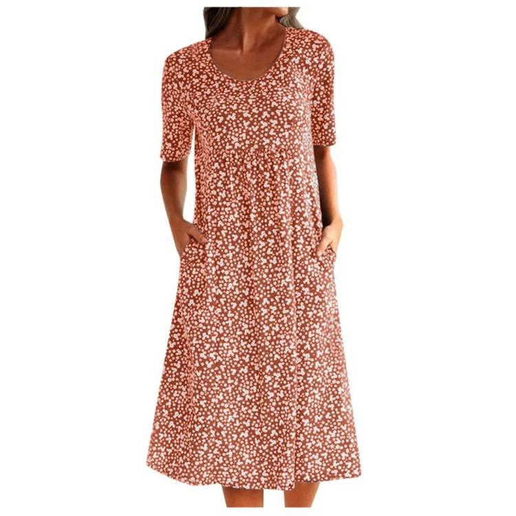 Women Summer Floral Print Boho Dress Tanya Round Neck Short Sleeve with Pocket