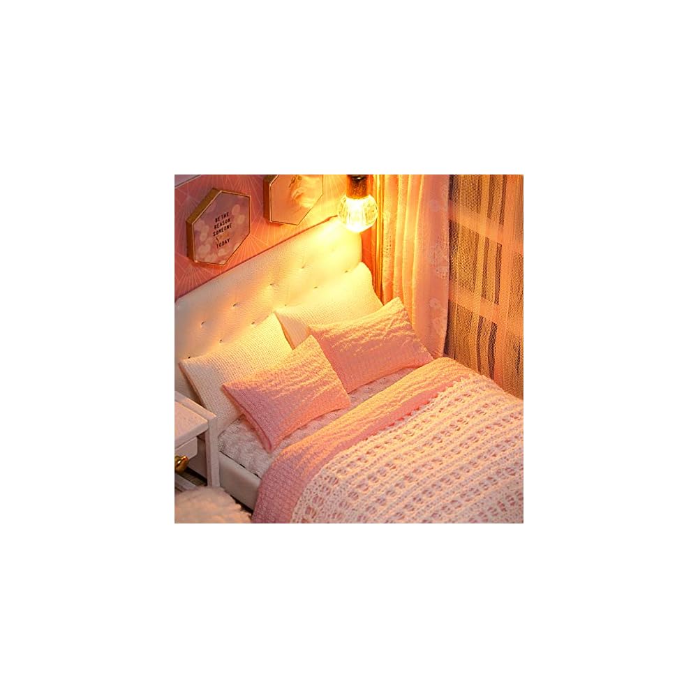 Cuteroom DIY Wooden Dollhouse Kit with LED Light and Music Box Dust Cover Furniture and Miniature Accessories Set