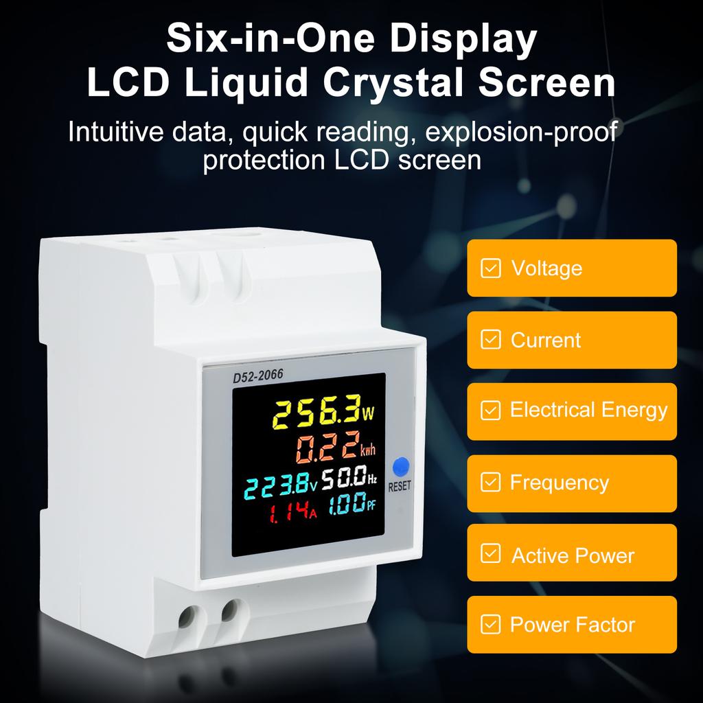6 in 1 Digital Single Phase Energy Meter Tester Din Rail AC Monitor Voltage Current Power Factor Active KWH 100A Electricity Usage Monitor