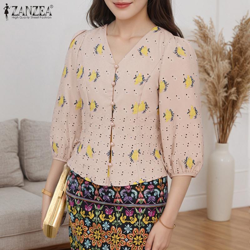 ZANZEA Women Casual Floral Print Summer V-Neck 3/4 Sleeve Blouse
