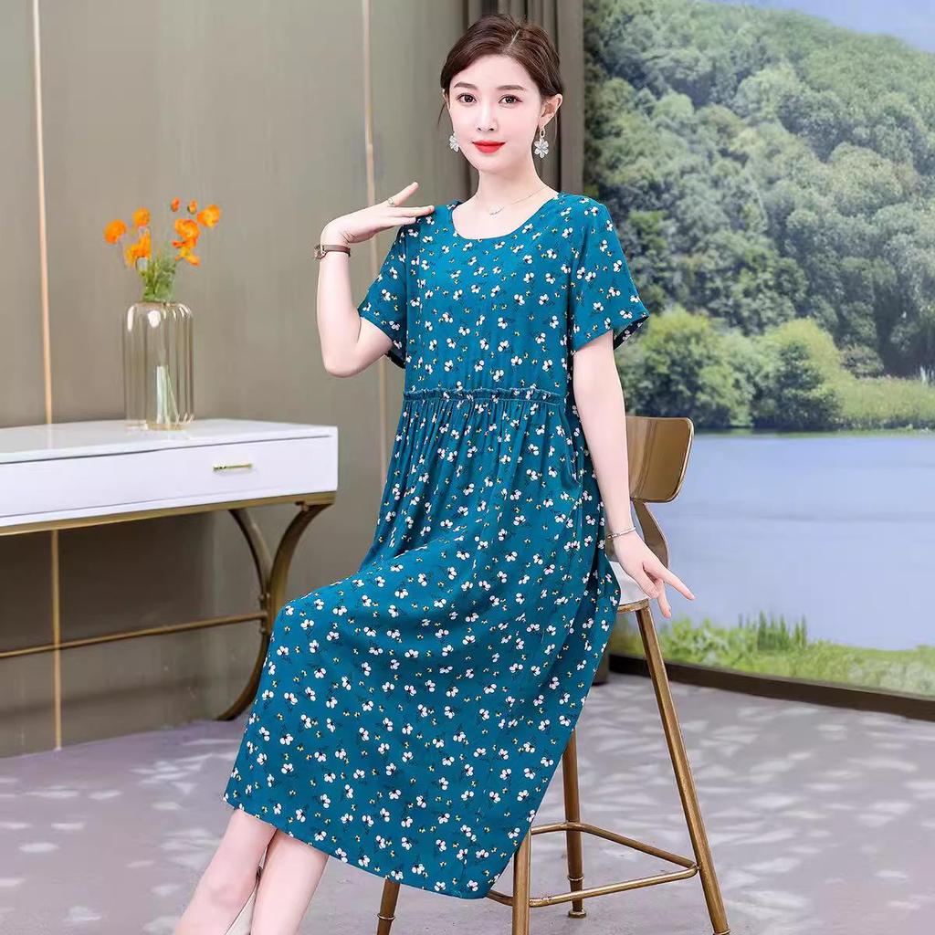Plus Size Floral Cotton-Silk Dress for Women - Summer Fashion, Elegant Long Swing Dress