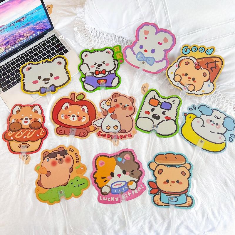 10Pcs Random Cute Cartoon Capybara Bear Dog Plastic Handheld Fan Portable Summer Cooling Fans for Girl Students Festival Gifts