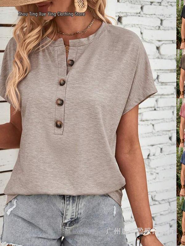 Women's European & American Style Solid Color Button Fashion Short Sleeve T-shirt for Spring/Summer