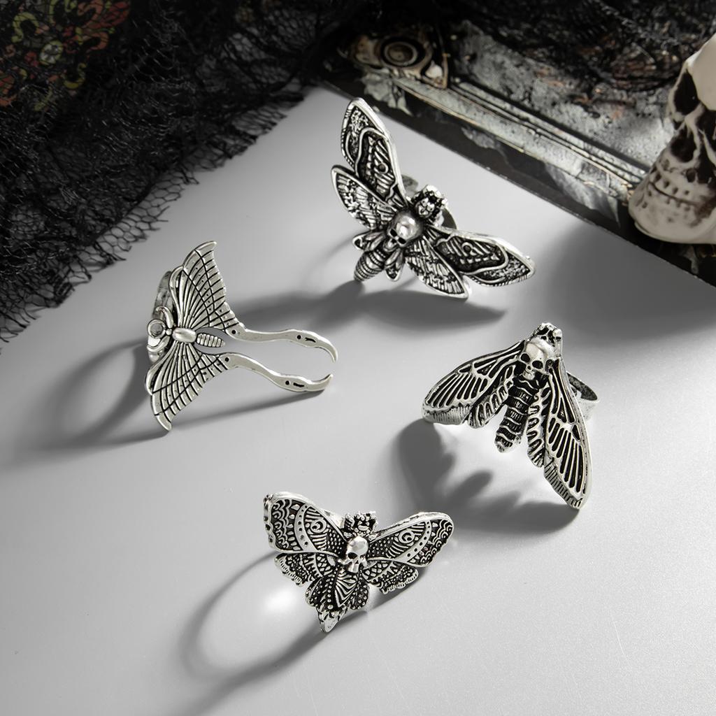 Salircon 4Pcs/set Goth Creative Butterfly Moth Skull Opening Ring Women Punk Joint Ring Halloween Trend Jewelry Accessories Gift
