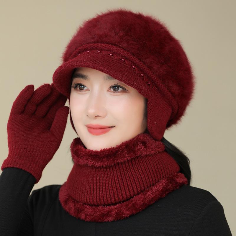 Middle-aged and Elderly Hats Rabbit Fur Knitted Wool Hats Women's Autumn and Winter Warm Mother Hats Winter