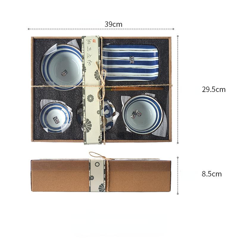 Japanese Style Blue and White Porcelain Dinnerware Sets for One Person Dinner Include Bowls, Plate, Chopsticks, Dishes Set Ceramic Gift Box Set of 6