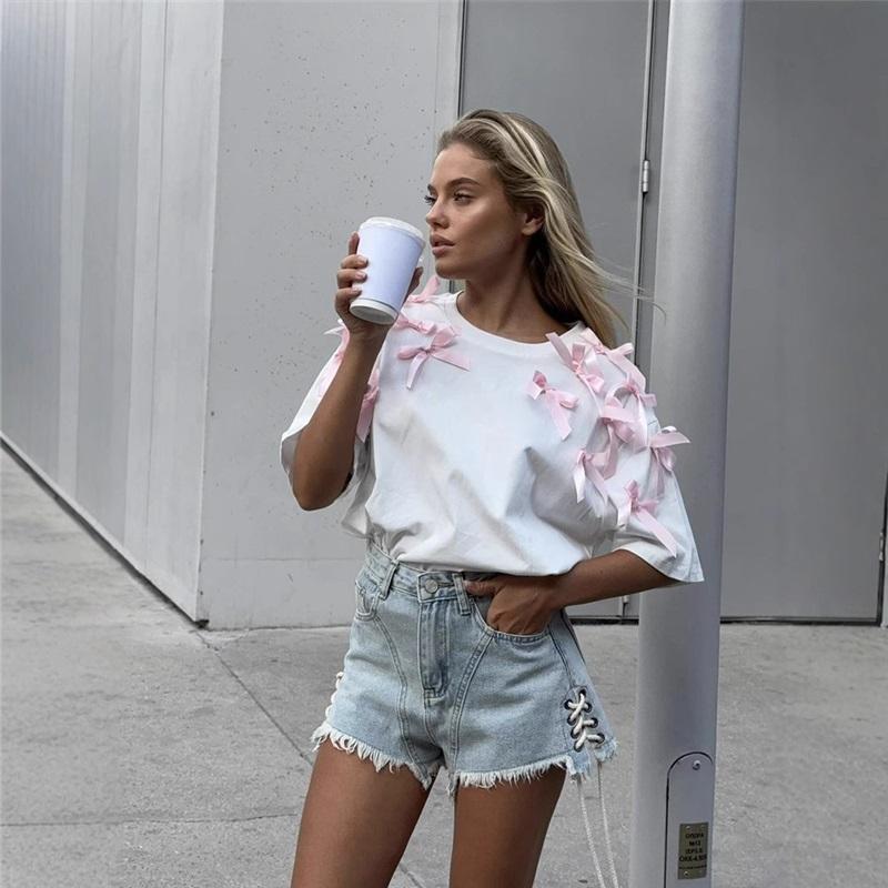 Cute European American Style Ribbon Bow Loose Short Sleeve T Shirt Comfortable Cotton Casual Top For Girls Loose Fit Stylish Upper Wear For Everyday