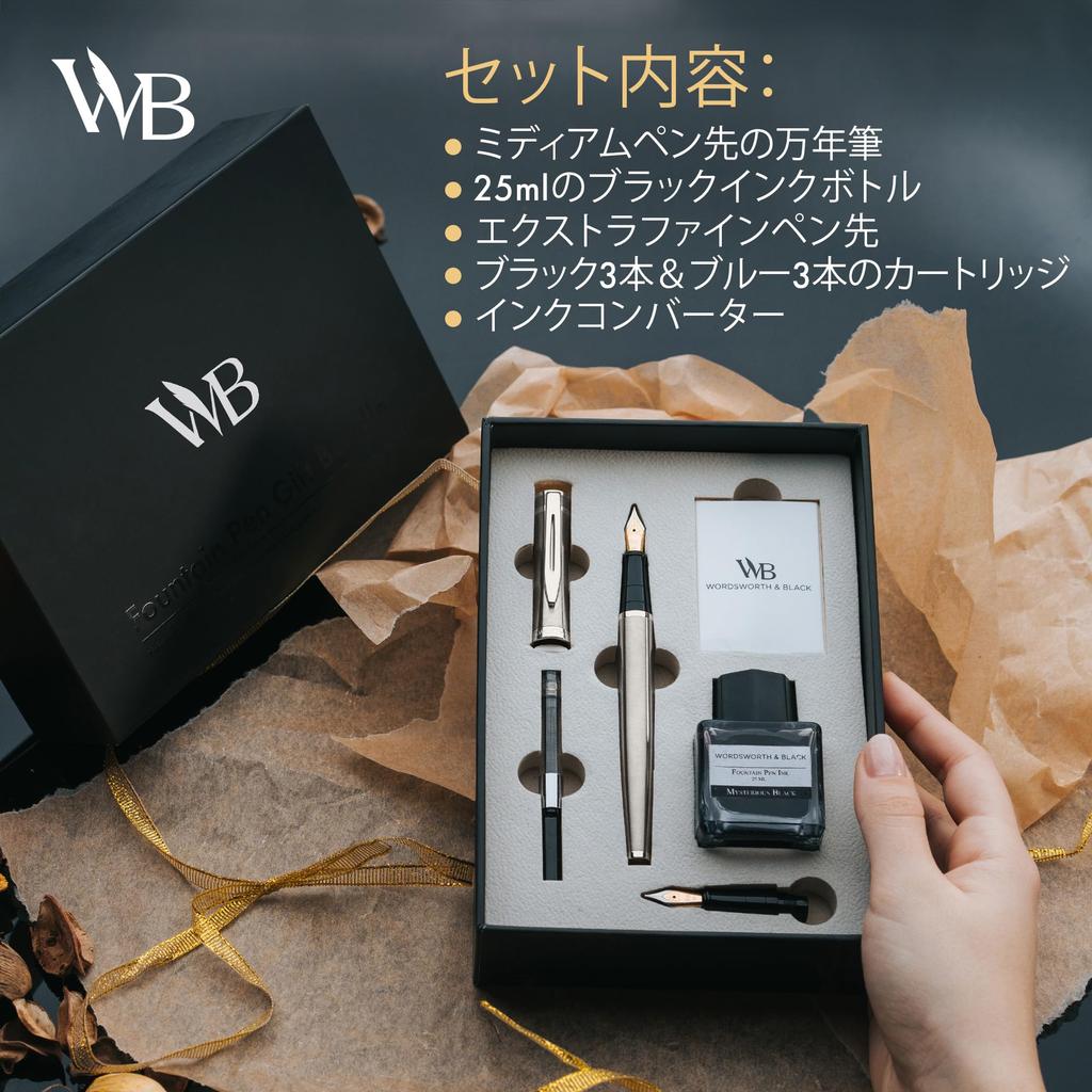 Wordsworth Black Fountain Pen Set with 18K Gold Medium and Extra Fine 25ML Black Ink 6 Ink Ink Refill Gift Pen Gift for Men and Women & Nibs, Bottle,