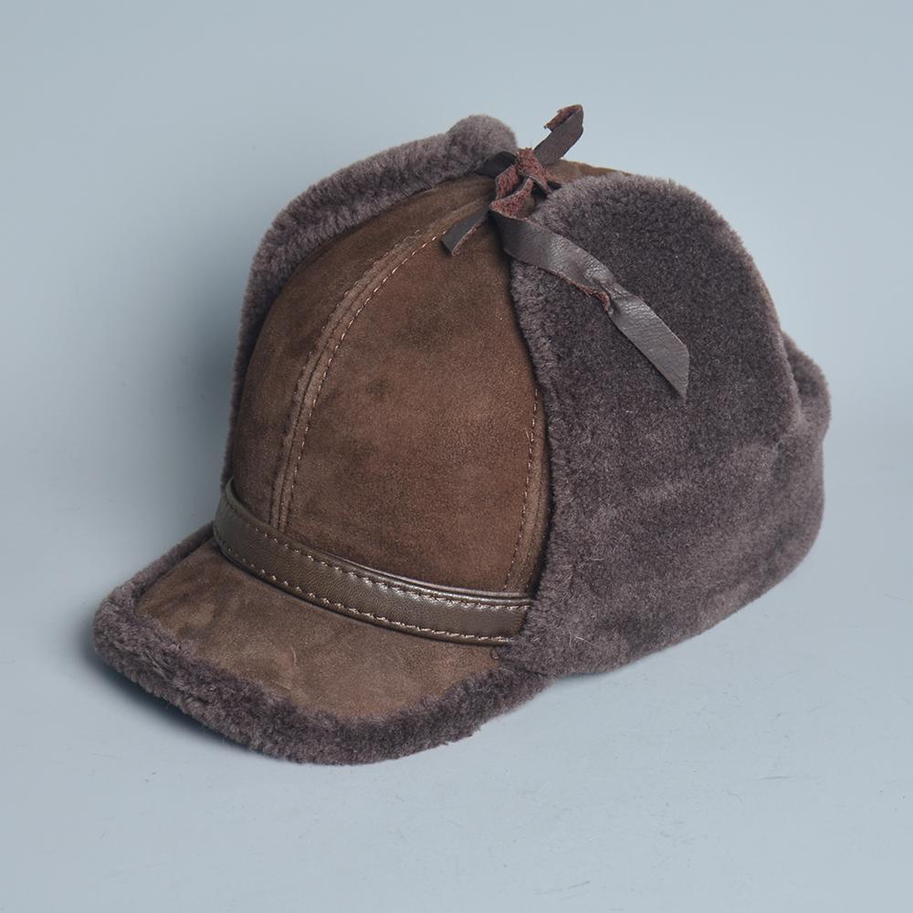 High Quality Winter Leather Hat Men Fur Lamb Wool Warm Thick Earflaps Bomber Hats Men's Baseball Cap Russian Hat
