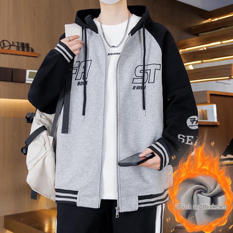 Autumn/Winter Cardigan Hoodie for Boys (Ages 13-16) - Stylish, Thick, Plus Velvet Outerwear