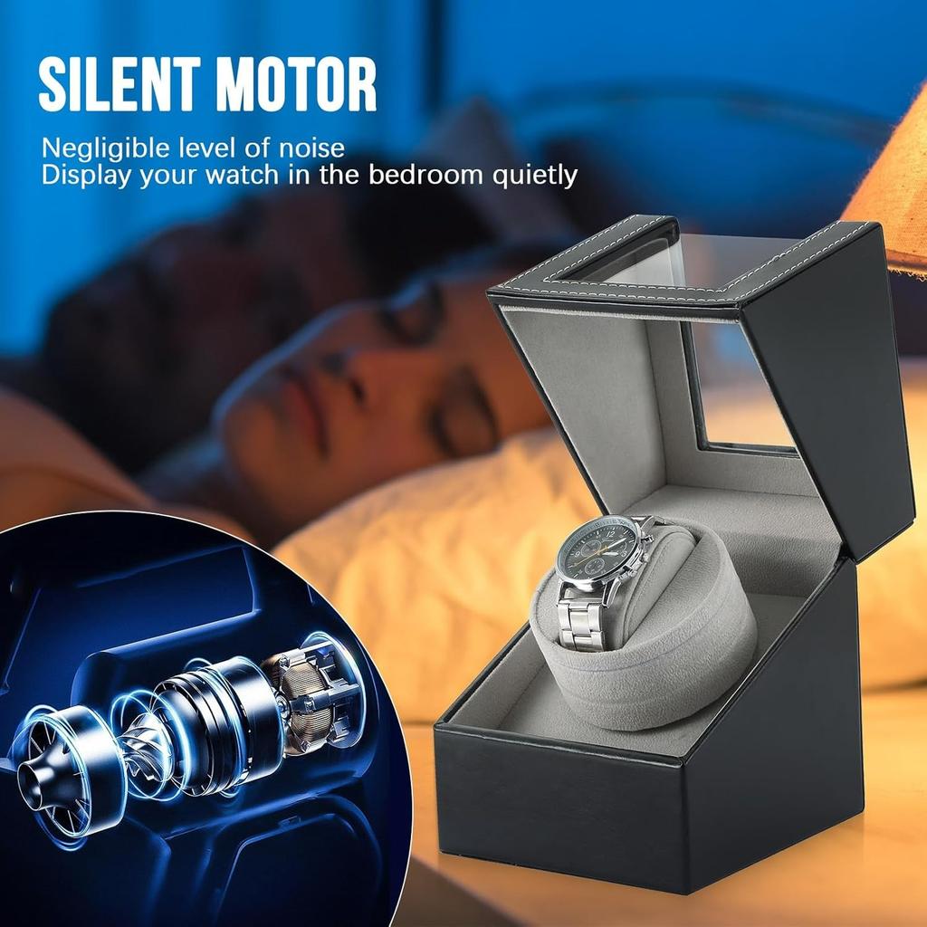 Single Watch Winder for Automatic Watches | Black Leather Watch Display Case Storage Box | Fits Lady and Man Automatic Watch