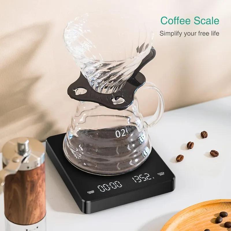 Professional Coffee Scale Digital 0.1g Precision Timer USB Rechargeable 3kg Max LED Screen for Espresso Kitchen Brewing