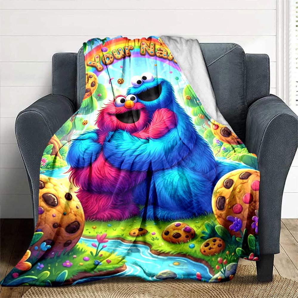 Name Custom Cookie Monster Print Flannel Blanket High Quality Warm Comfortable Cover for All Seasons Perfect for Gifts Home Decor