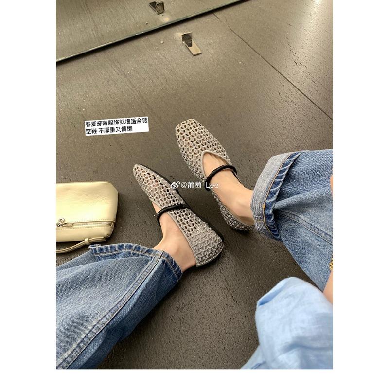~ Square head hollow knitting one-word belt versatile soft surface light mouth single shoes women