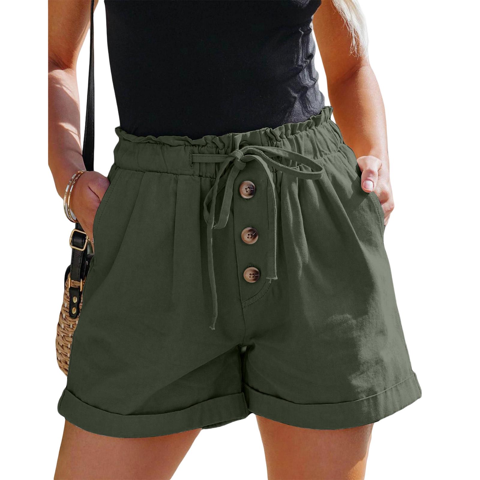 

Women s Elastic Waistband Pocket Linen Pants Button -Color Shorts XXL