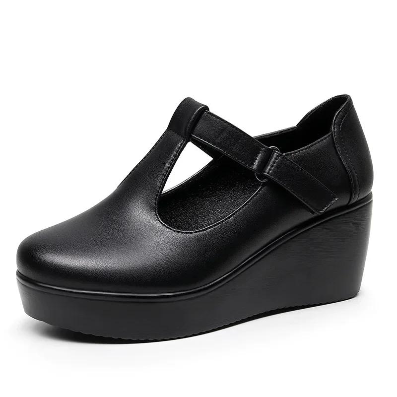 6cm Small Size 32-43 Vintage All Match Comfortable Shallow Soft Leather Mary Janes 2025 Fall Med Heels Platform Wedges Shoes Mom