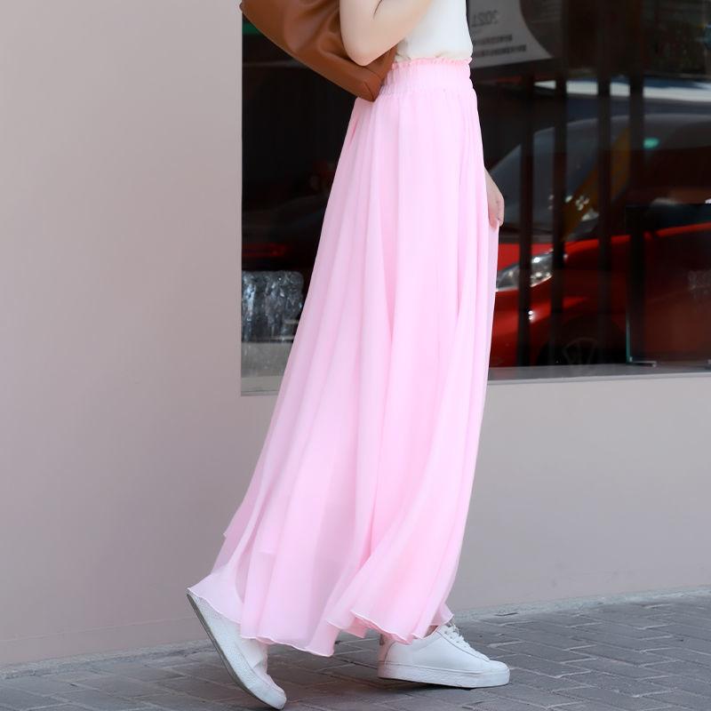 Black Chiffon Midi Skirt Long Summer Candy Color Flowy Elegant Women Skirt
