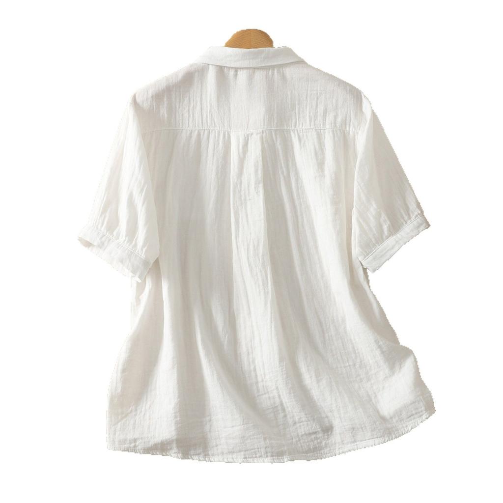 2025 Summer Lapel Double-layer Cotton Yarn Five-quarter Sleeve Shirt Versatile Casual Temperament Loose Top Women